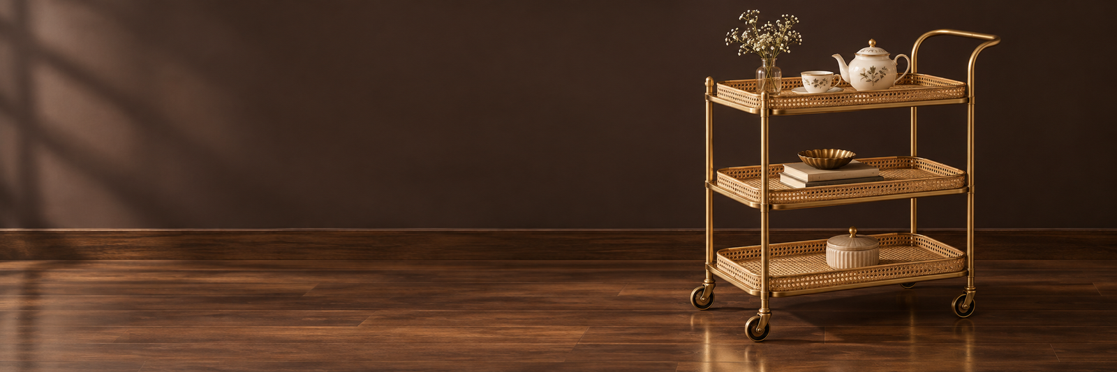 Antique Gold Cane Tea Trolley-1