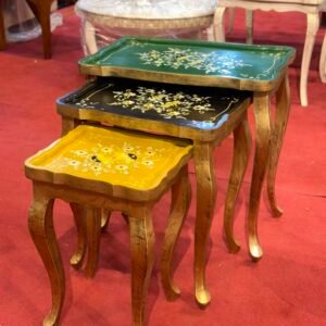 Hand-Painted Floral Nesting Tables Set | Yellow, Black, Green Waffle Design Coffee Tables | Home Decor Center Tables