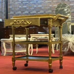 Handcrafted Wooden Serving Trolley Cart with Hand-Painted Floral Design | Luxury Tea & Bar Trolley