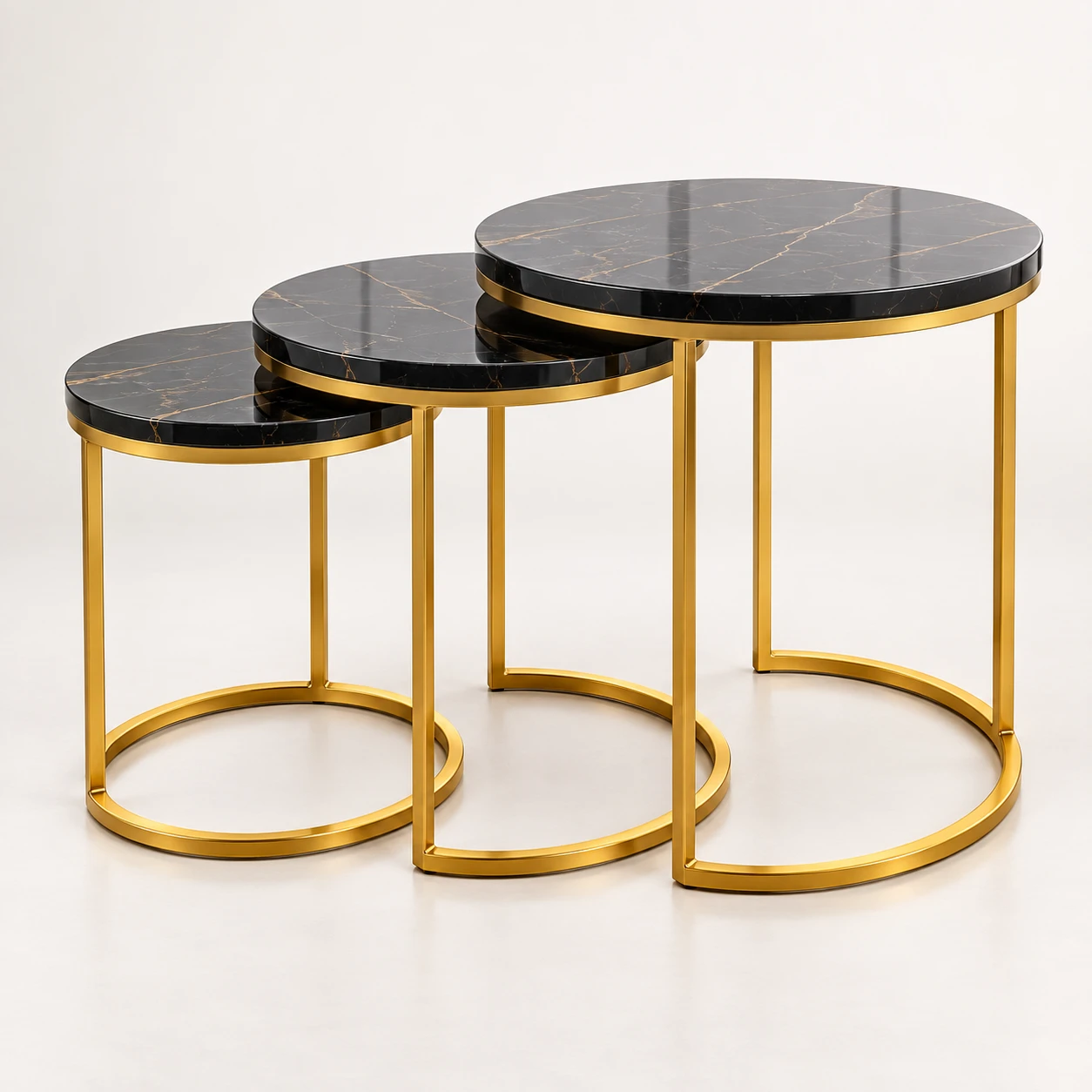 3-Piece Black Marble Nesting Table Set – Gold Metal Frame