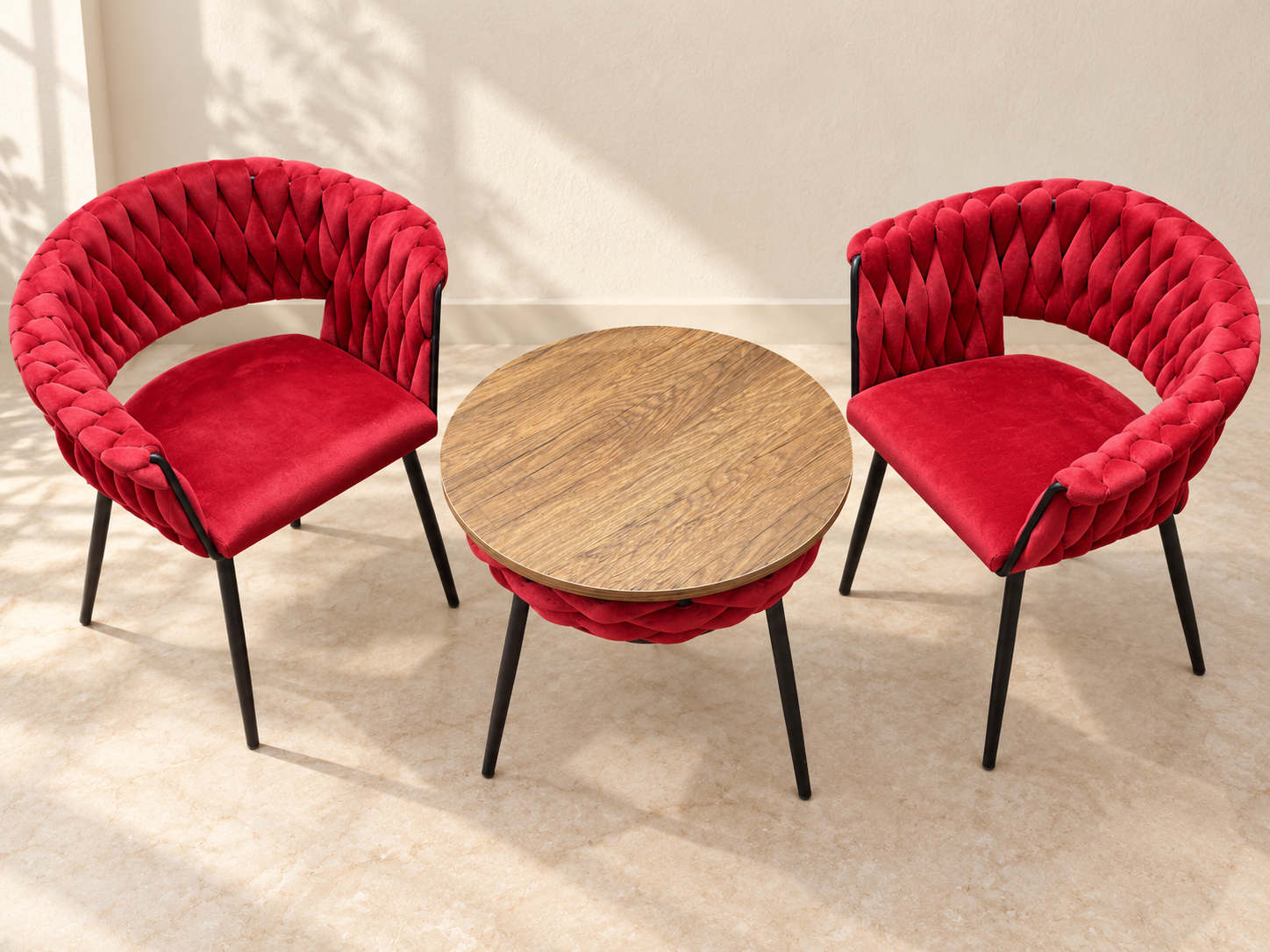 Modern Braided Velvet Chairs with Round Table – 3-Piece Set