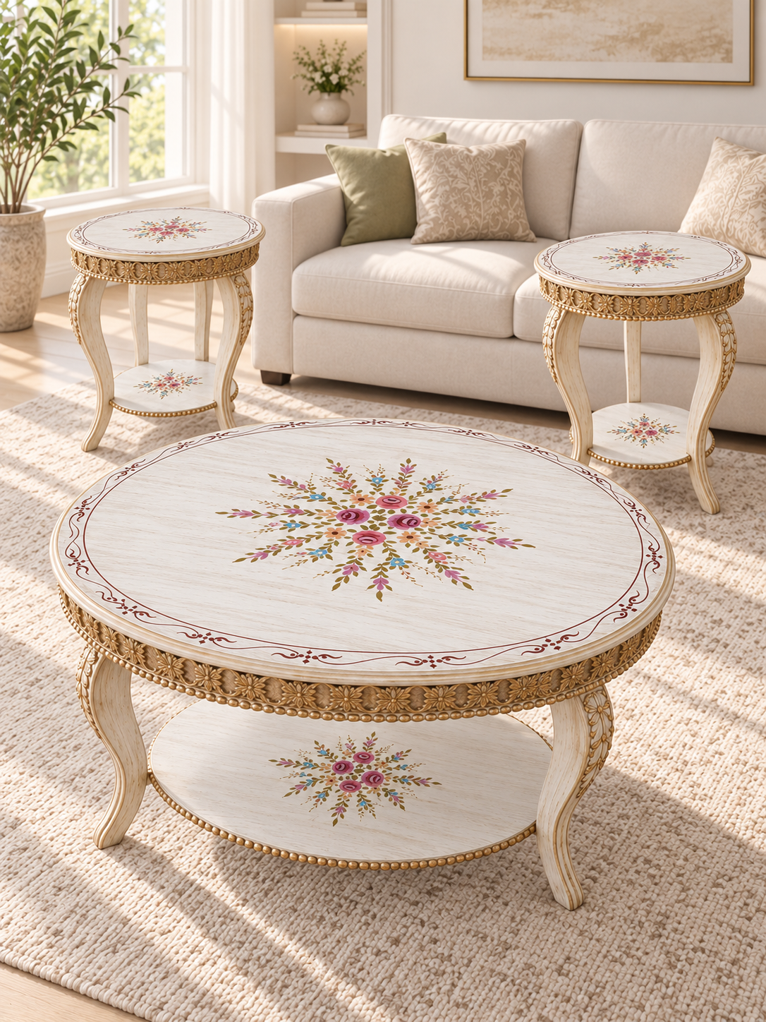3-Piece Hand-Painted Floral Coffee & Side Table Set