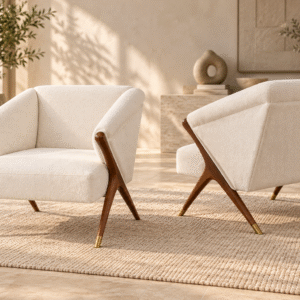 Modern Ivory Lounge Chair Pair – 2 Piece Wooden Frame Accent Chair Set