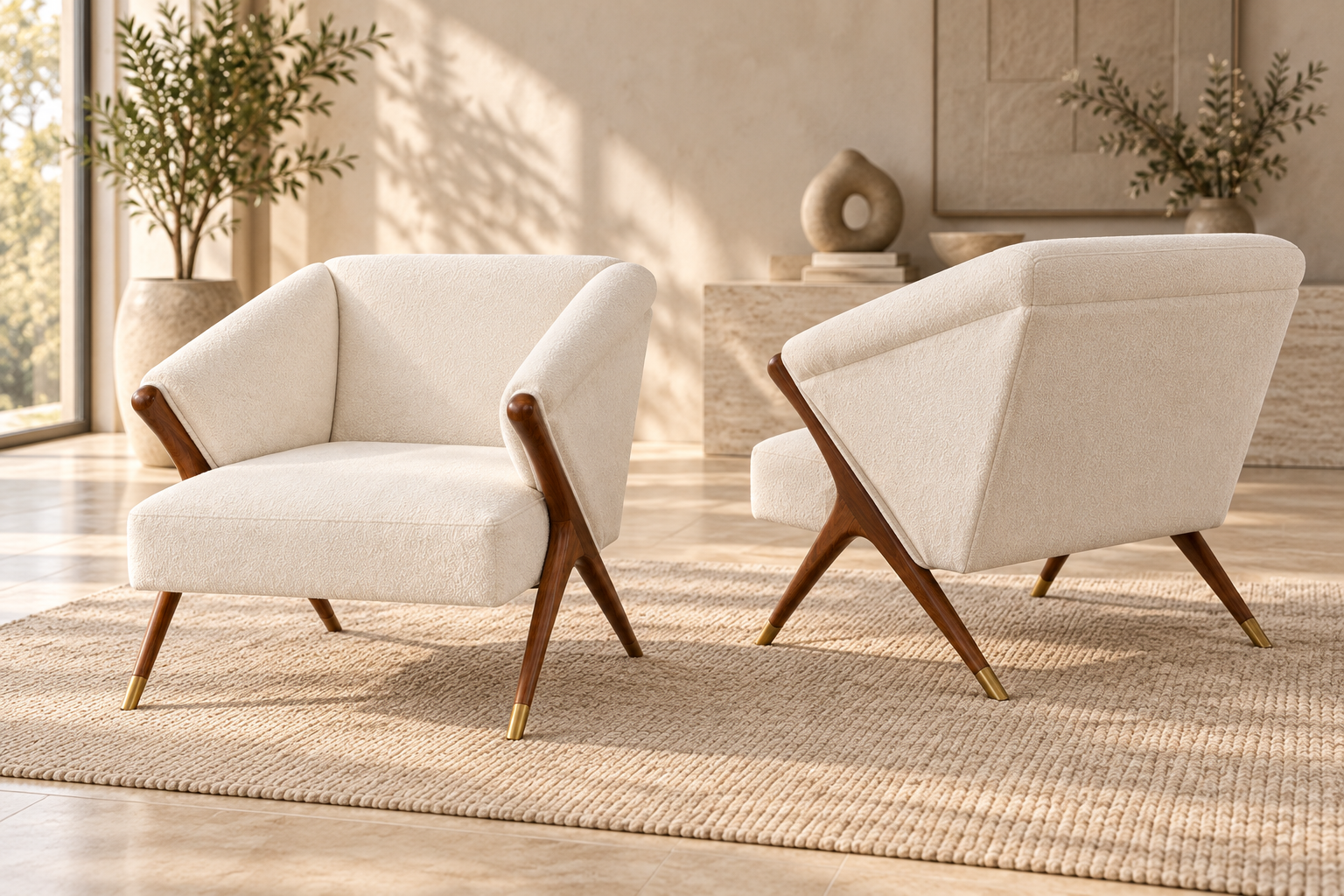 Modern Ivory Lounge Chair Pair – 2 Piece Wooden Frame Accent Chair Set