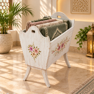 Vintage Wooden Jai Namaz Holder – Hand-Painted Prayer Mat Storage Rack