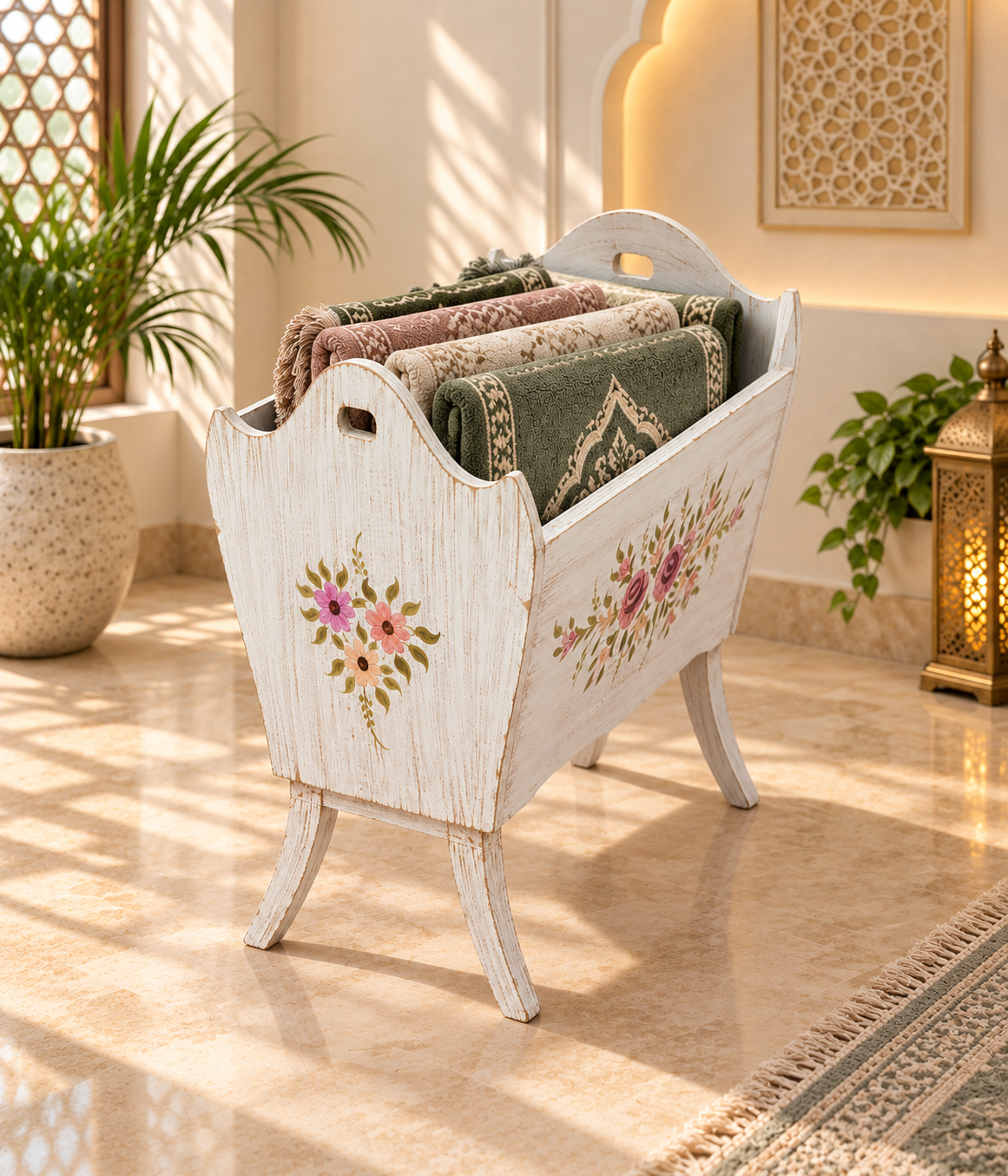 Vintage Wooden Jai Namaz Holder – Hand-Painted Prayer Mat Storage Rack