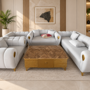 Luxury Modern 7-Seater Sofa Set – Ivory White & Gold
