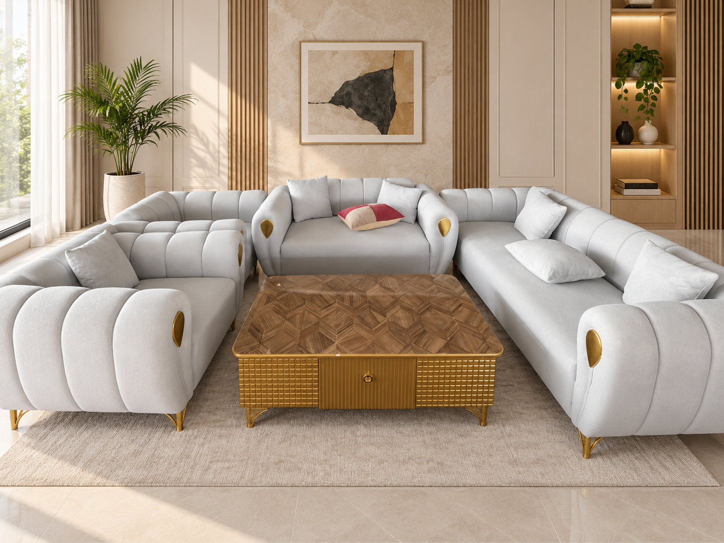 Luxury Modern 7-Seater Sofa Set – Ivory White & Gold