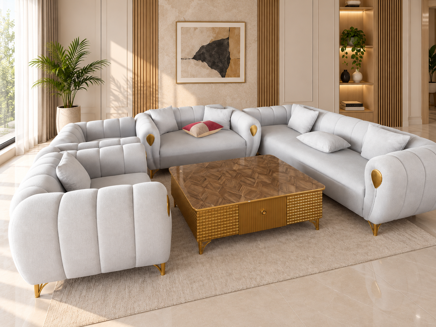 Luxury Modern 7-Seater Sofa Set – Ivory White & Gold - Image 2