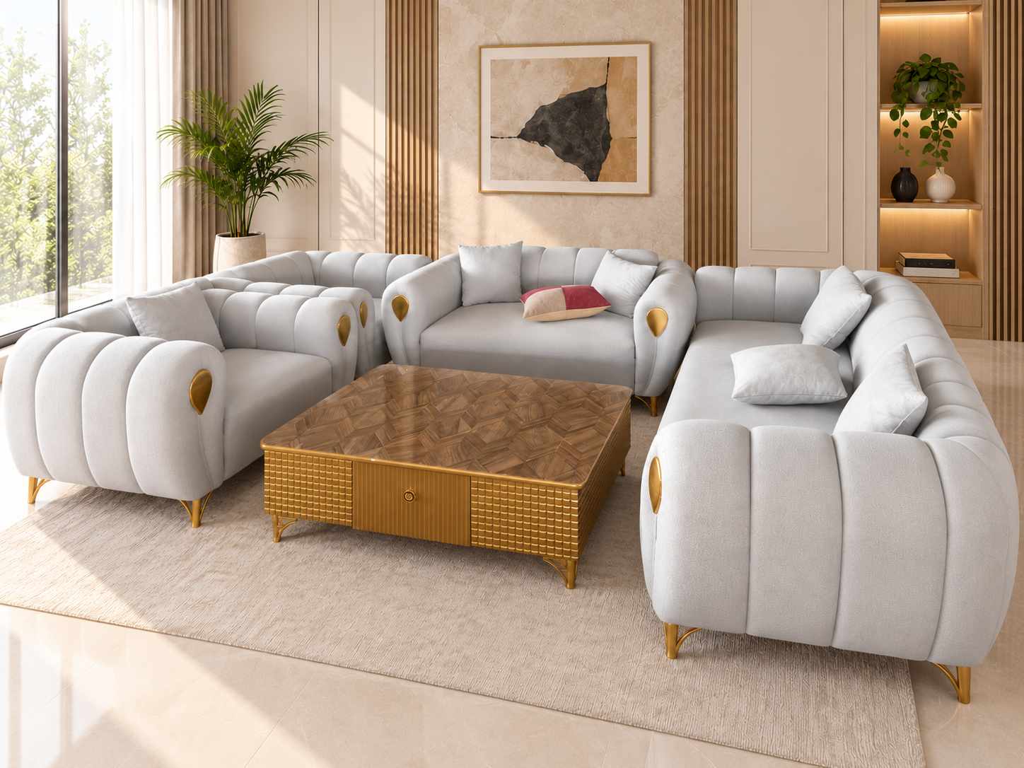 Luxury Modern 7-Seater Sofa Set – Ivory White & Gold - Image 3