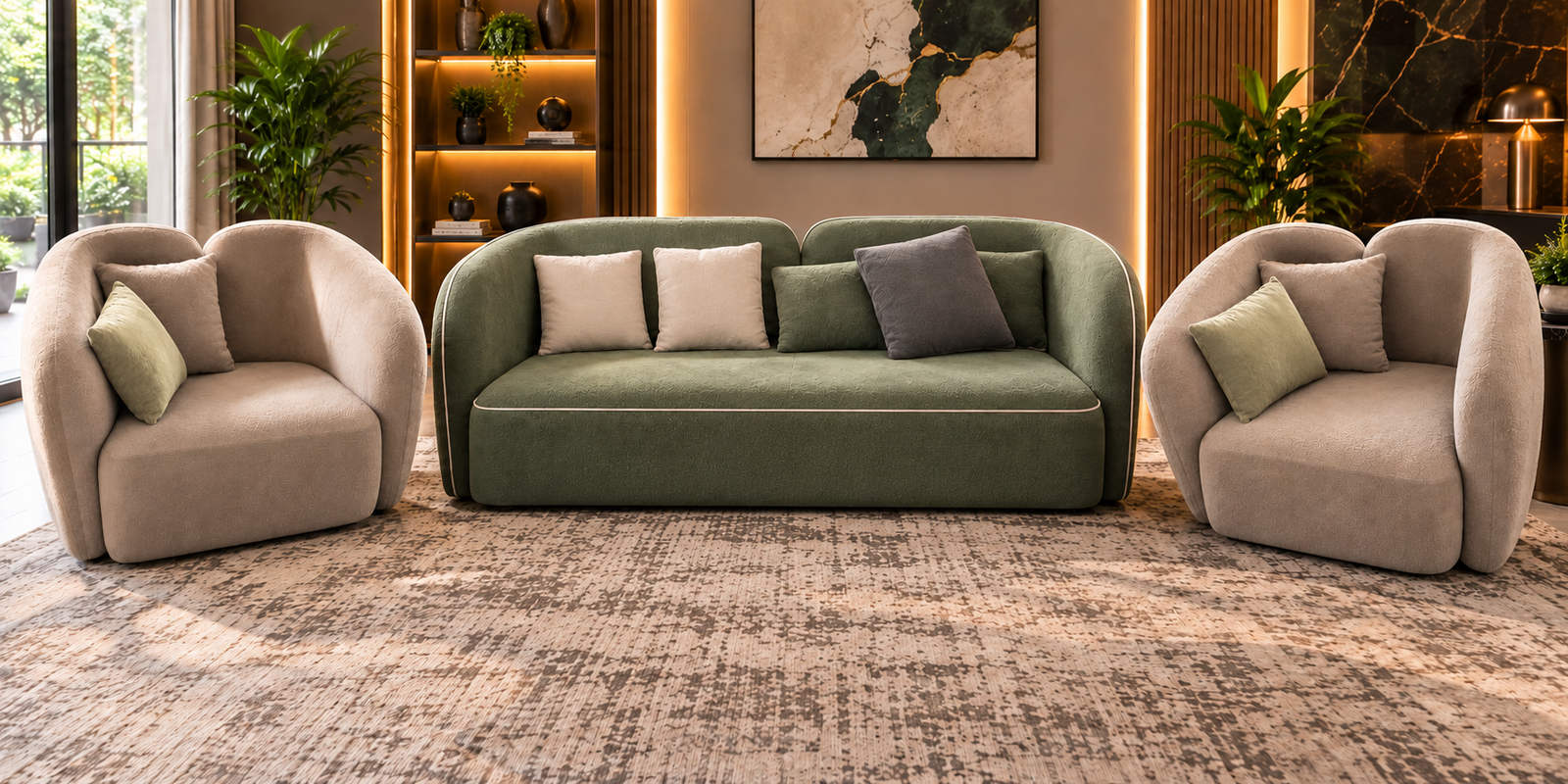 Modern Luxury 5-Seater Sofa Set – Sage Green & Ivory