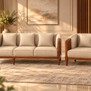 Classic Wooden 4-Seater Sofa Set – Beige Upholstery with Carved Arms