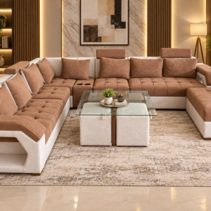 Luxury U-Shaped Sectional Sofa – Brown & Cream