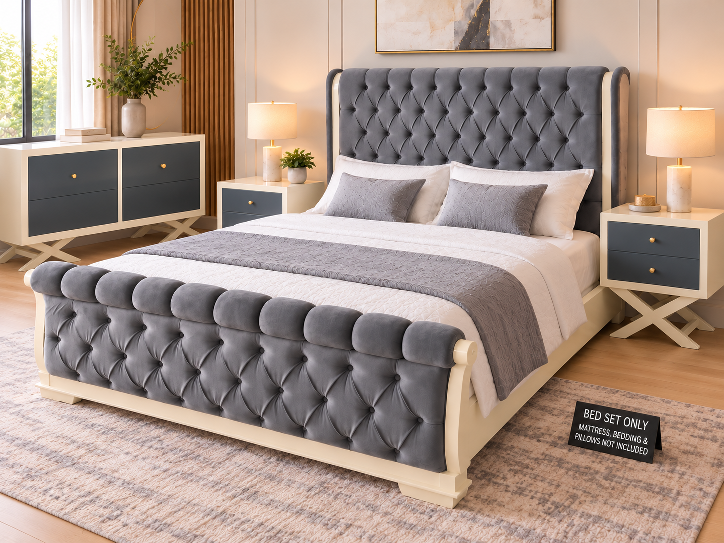 Royal Tufted Bedroom Set – Grey & Ivory