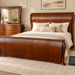 Classic Wooden Sleigh Bed Set with Dressing Table – Walnut Brown