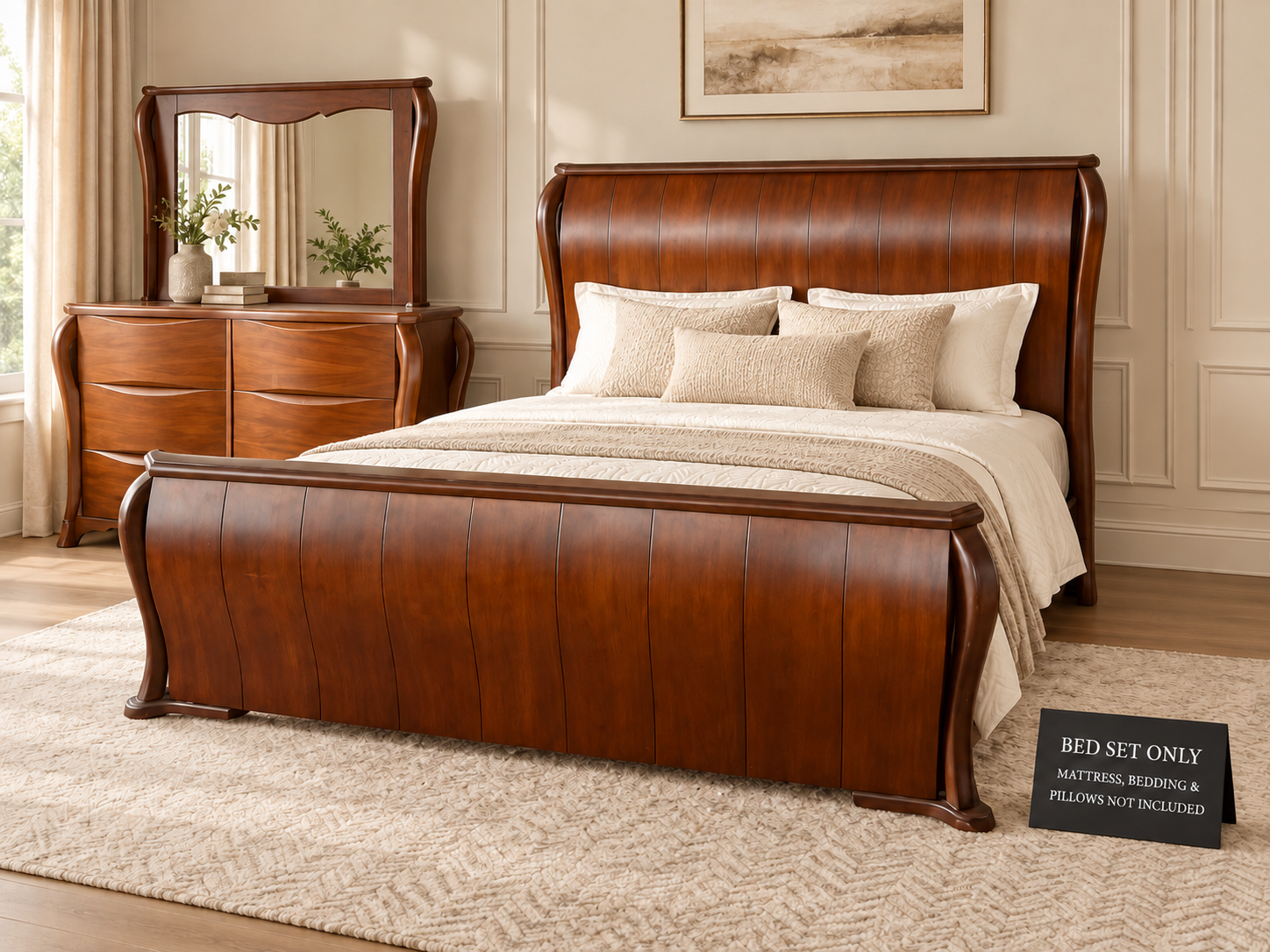 Classic Wooden Sleigh Bed Set with Dressing Table – Walnut Brown