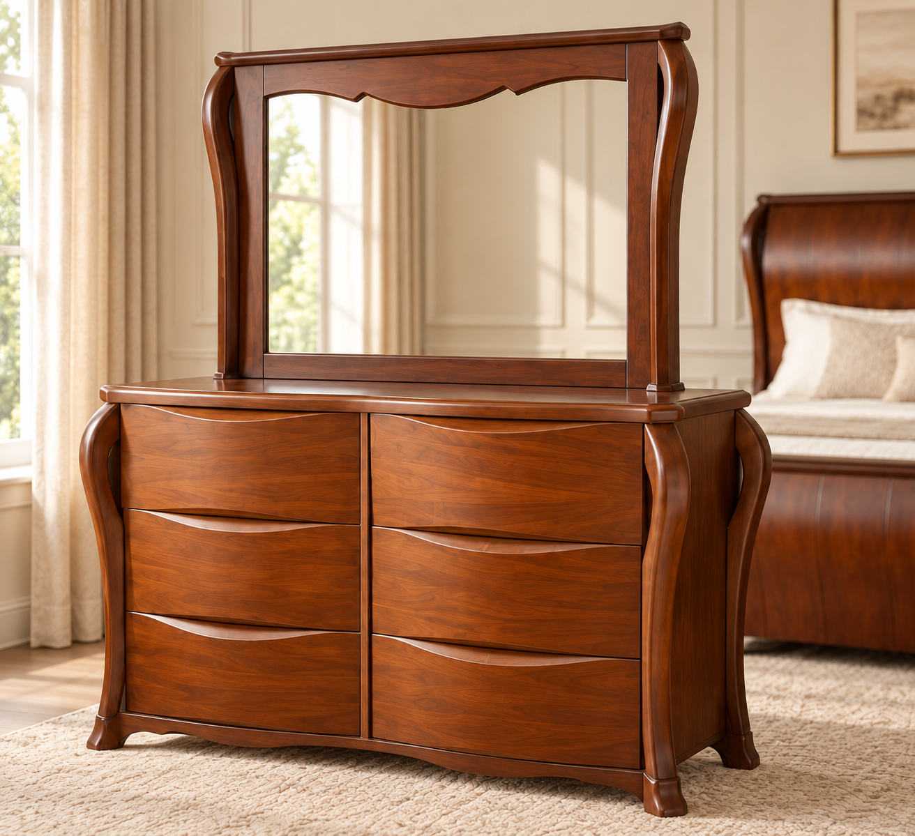 Classic Wooden Sleigh Bed Set with Dressing Table – Walnut Brown - Image 2
