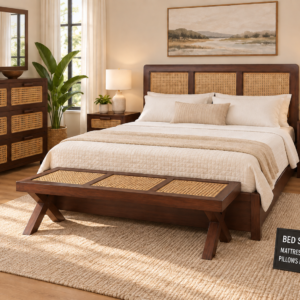 Premium Wooden Cane Bedroom Set – Walnut Brown