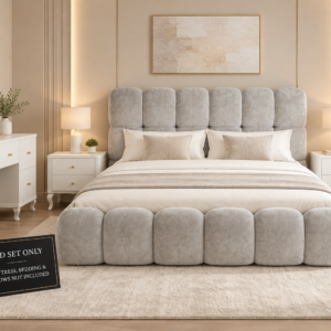 Premium Blush Pink Upholstered Bed Set – Modern Panel Design