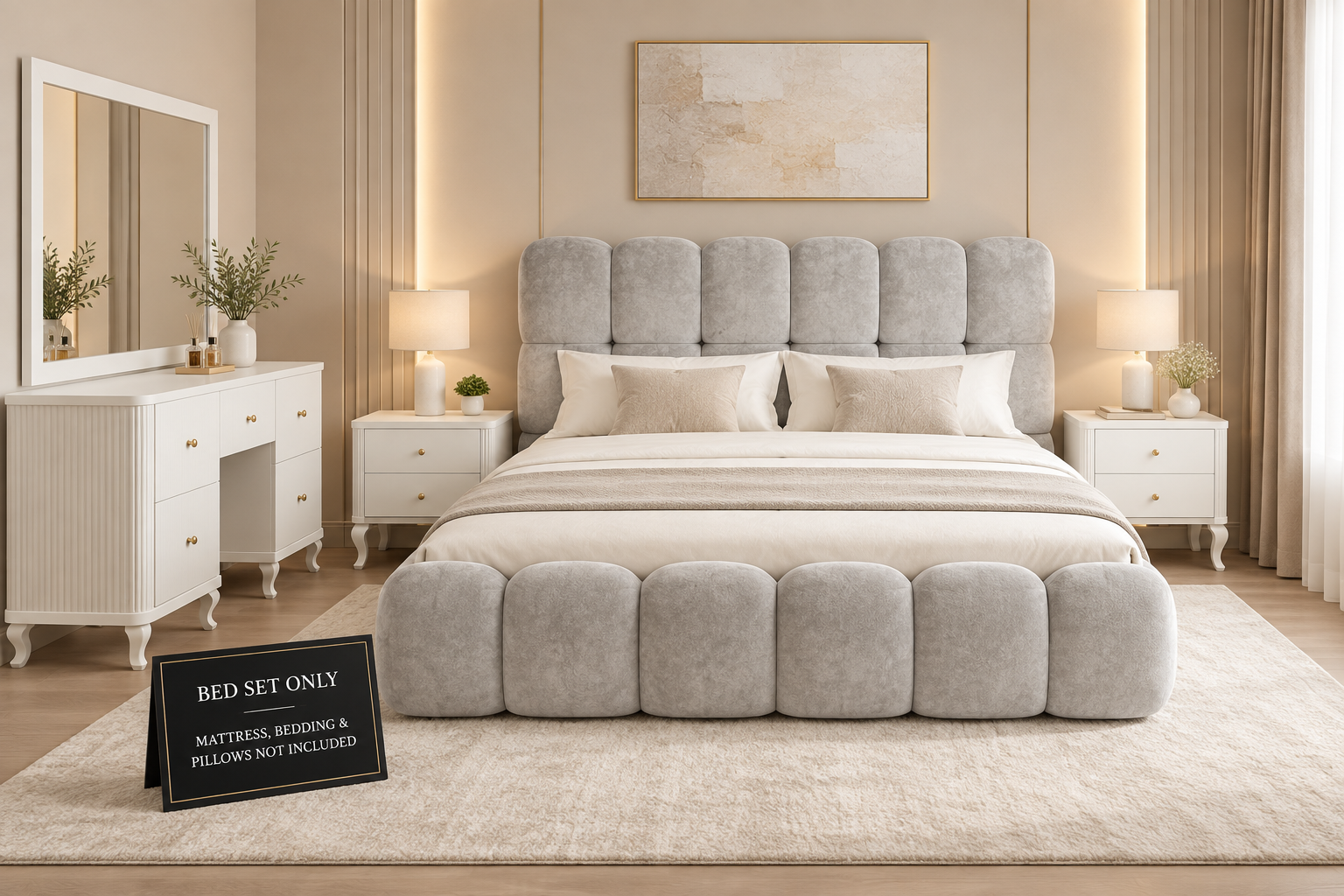 Premium Blush Pink Upholstered Bed Set – Modern Panel Design