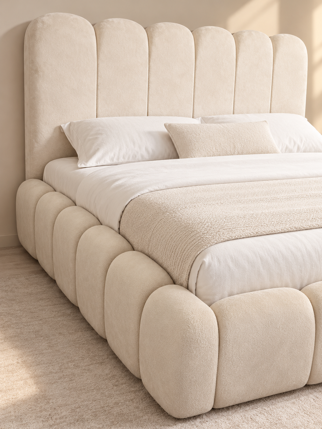 Premium Ivory Cream Upholstered Bed – Rounded Panel Design - Image 2