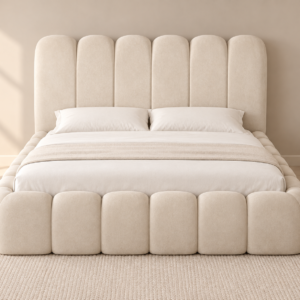 Premium Ivory Cream Upholstered Bed – Rounded Panel Design