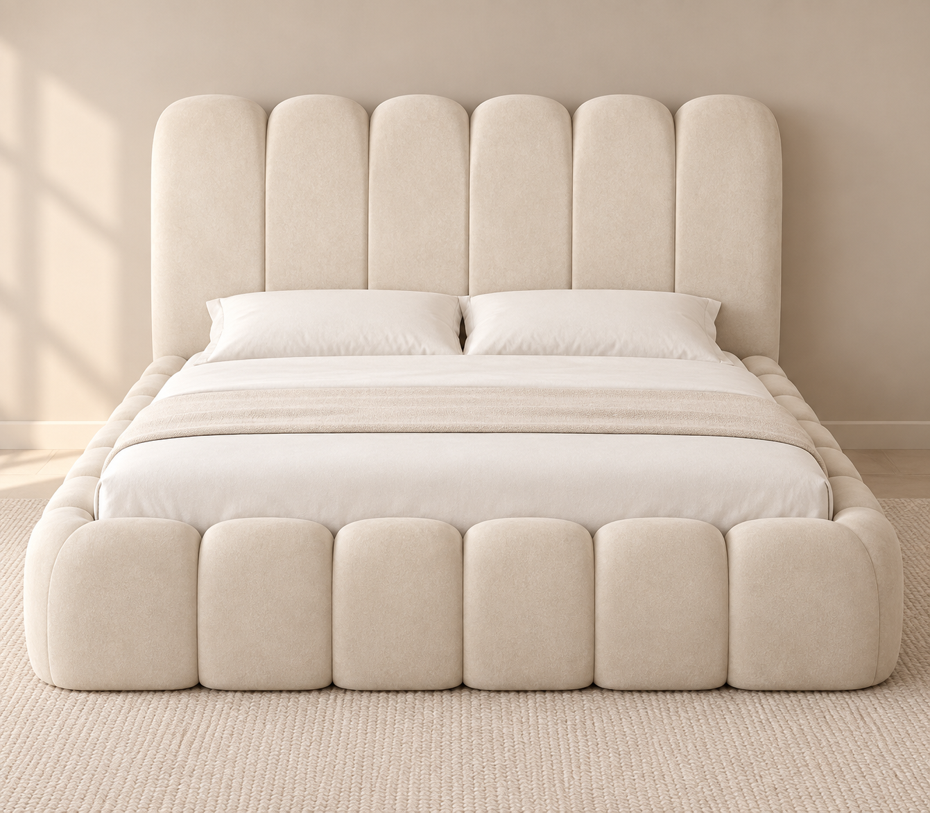 Premium Ivory Cream Upholstered Bed – Rounded Panel Design