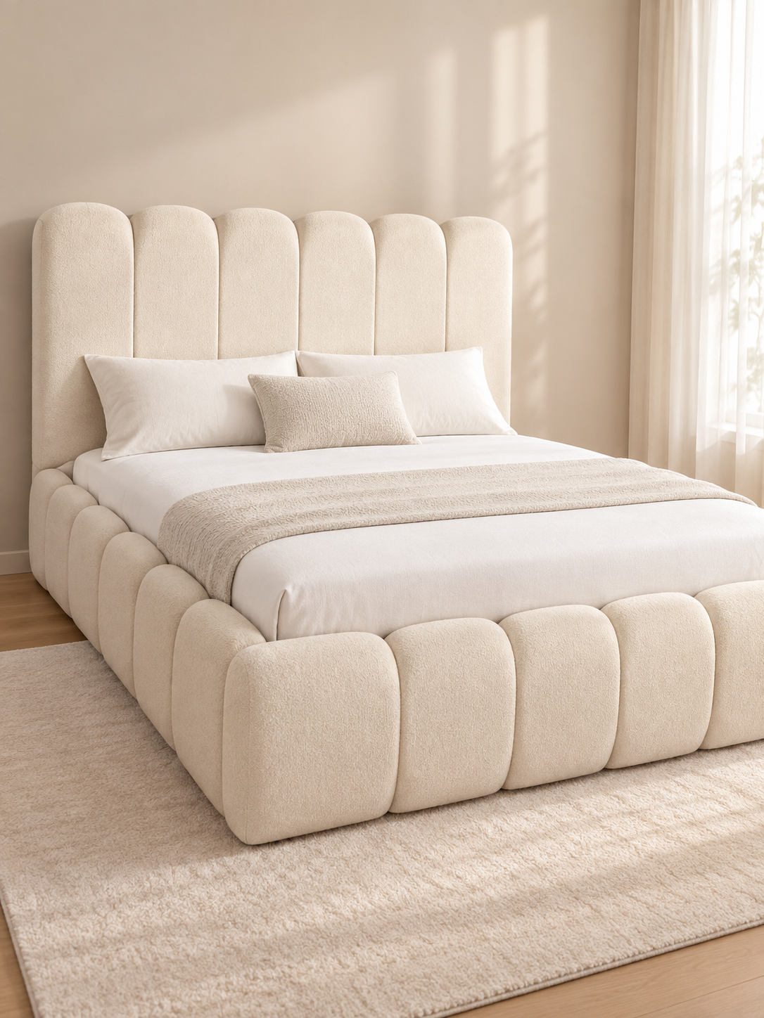 Premium Ivory Cream Upholstered Bed – Rounded Panel Design - Image 3