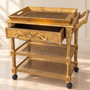 Antique Gold Cane Tea Trolley – Vintage 3 Tier Serving Cart