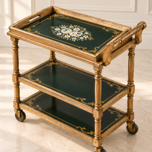 Vintage Green & Gold 3-Tier Wooden Tea Trolley