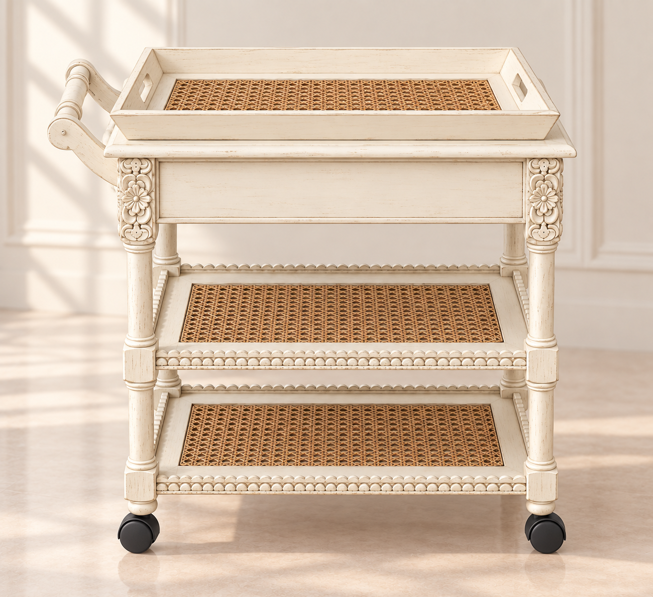 Vintage Ivory Cane Tea Trolley – 3 Tier Serving Cart - Image 3