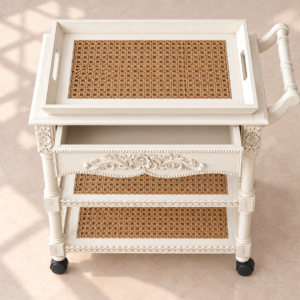 Vintage Ivory Cane Tea Trolley – 3 Tier Serving Cart