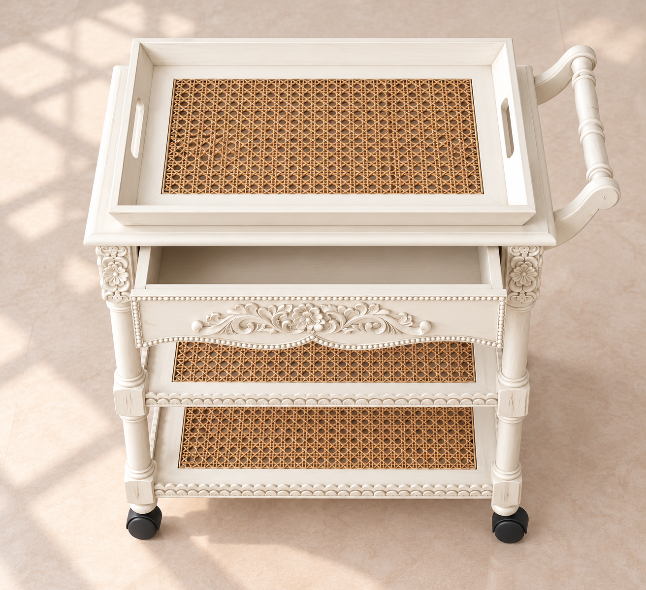 Vintage Ivory Cane Tea Trolley – 3 Tier Serving Cart
