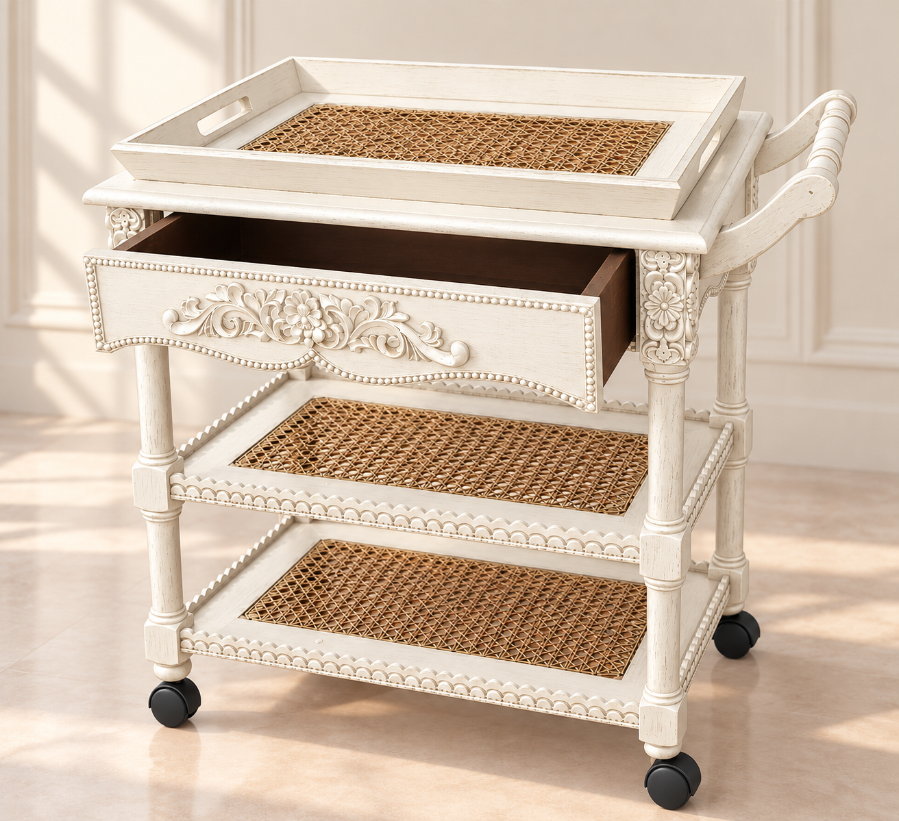 Vintage Ivory Cane Tea Trolley – 3 Tier Serving Cart - Image 2