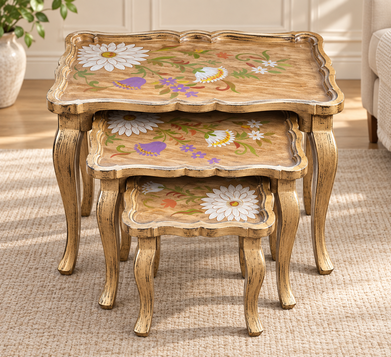 Vintage Floral Nesting Tables – 3-Piece Wooden Side Table Set - Image 4