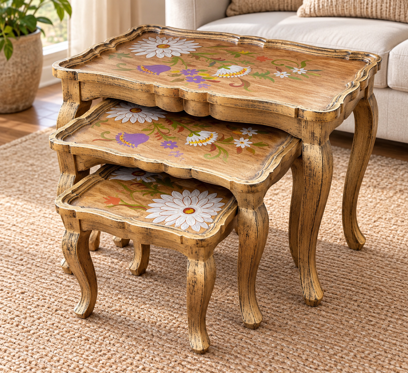 Vintage Floral Nesting Tables – 3-Piece Wooden Side Table Set - Image 2