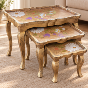 Vintage Floral Nesting Tables – 3-Piece Wooden Side Table Set