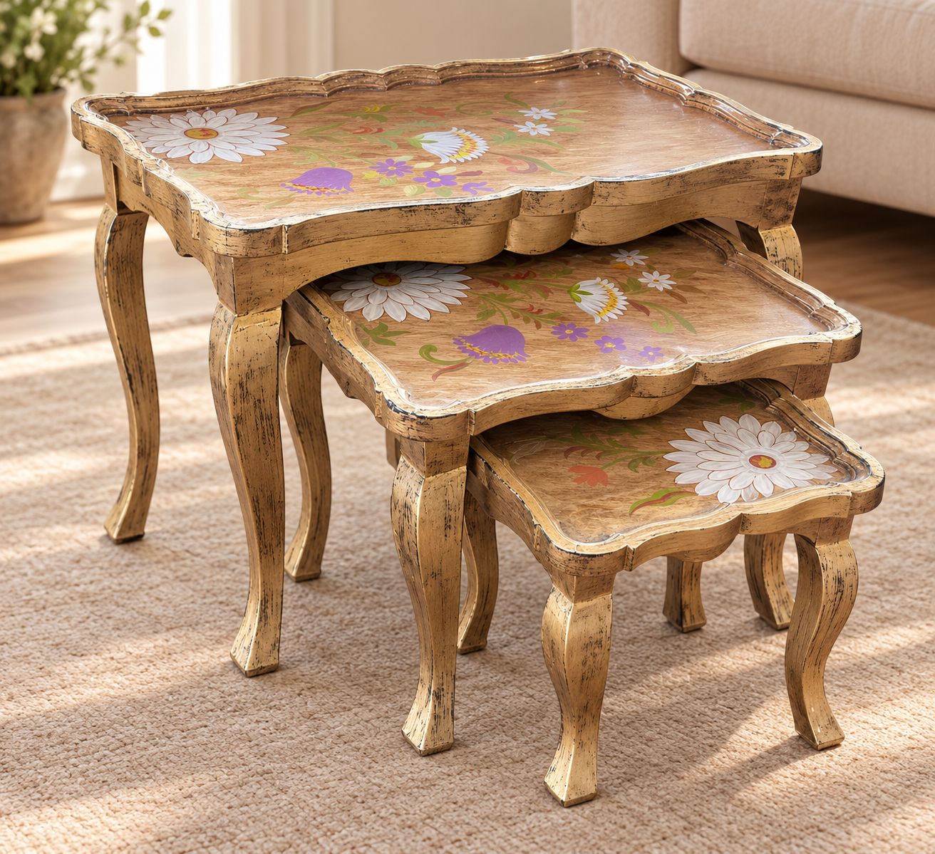 Vintage Floral Nesting Tables – 3-Piece Wooden Side Table Set