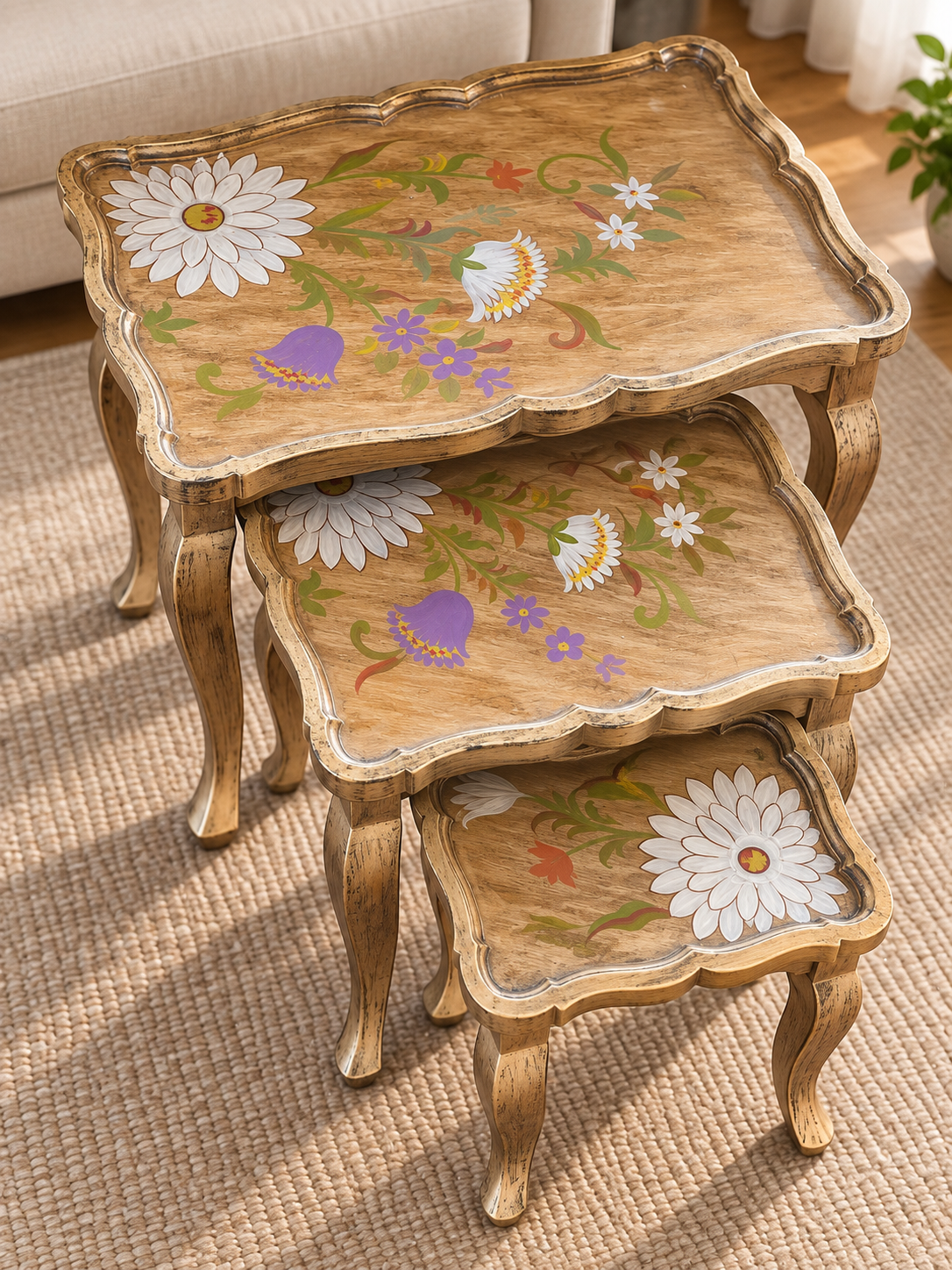Vintage Floral Nesting Tables – 3-Piece Wooden Side Table Set - Image 3
