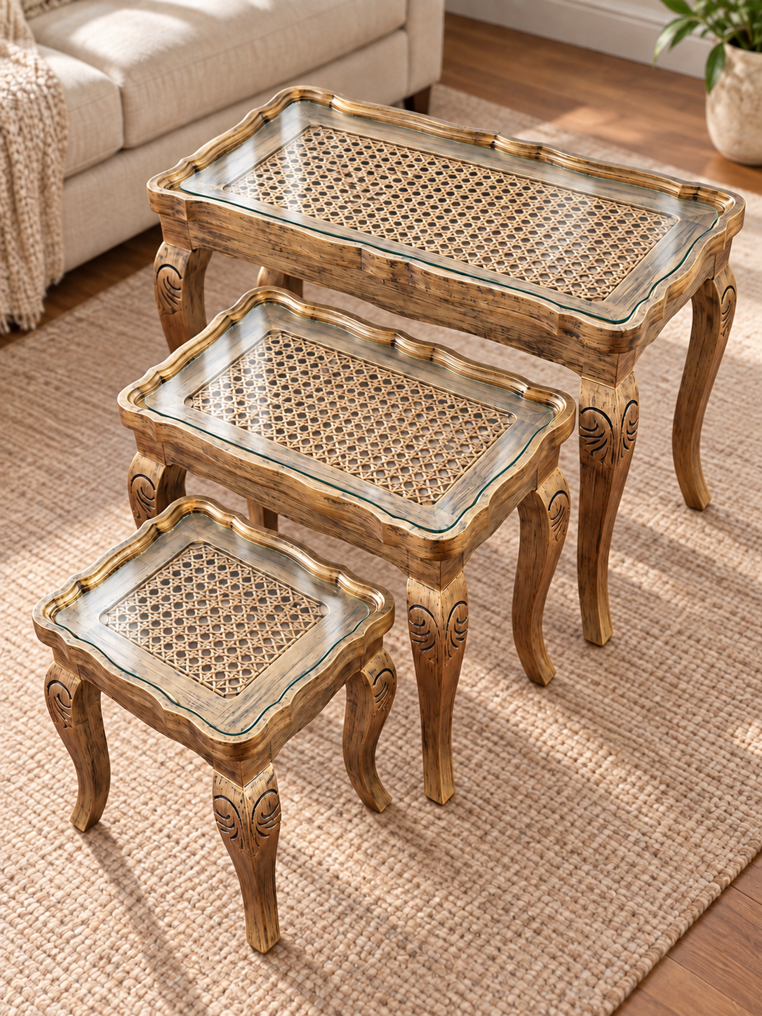 3-Piece Cane Nesting Tables – Vintage Wooden Side Table Set - Image 2