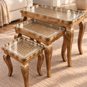3-Piece Cane Nesting Tables – Vintage Wooden Side Table Set