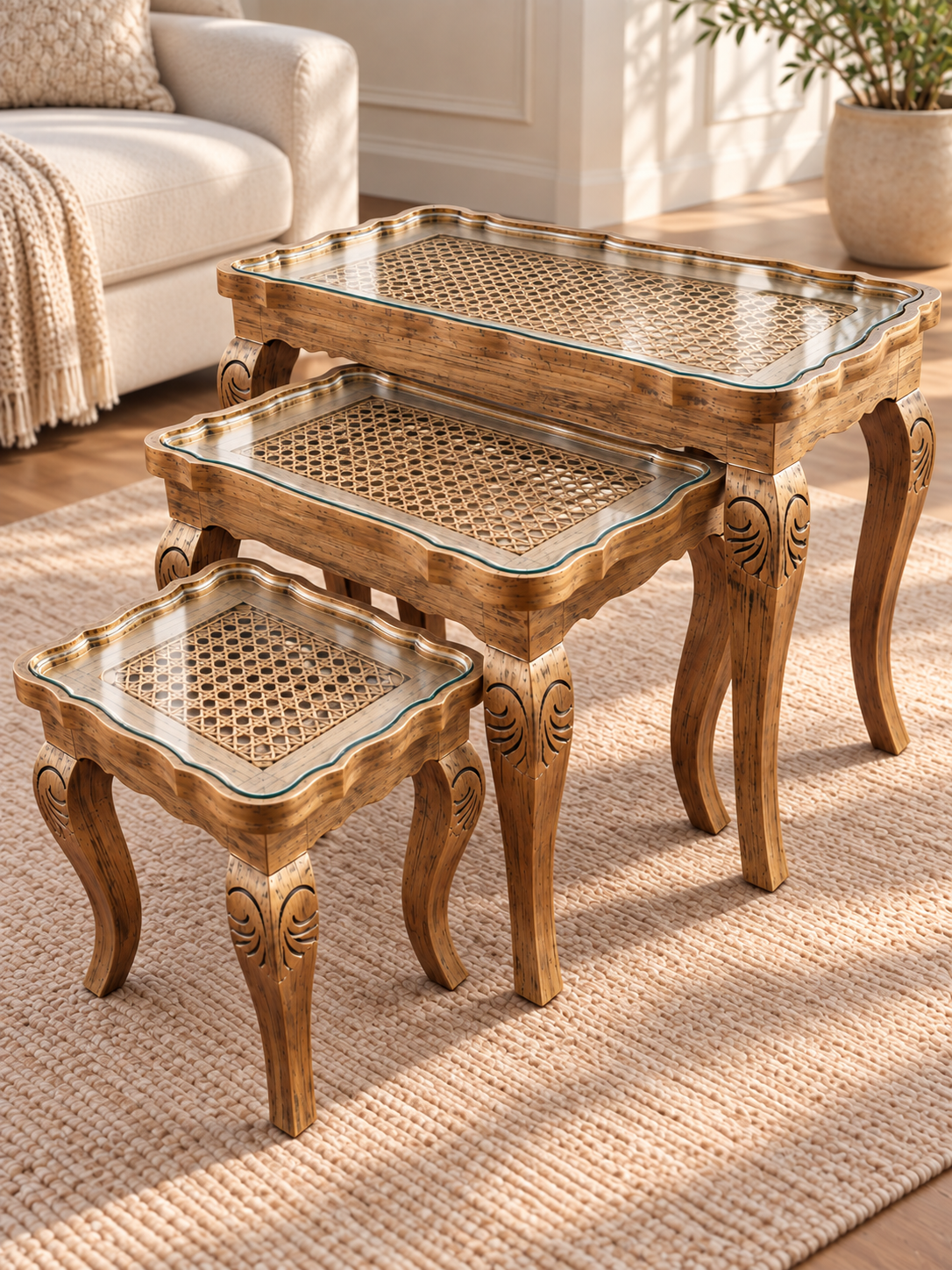 3-Piece Cane Nesting Tables – Vintage Wooden Side Table Set
