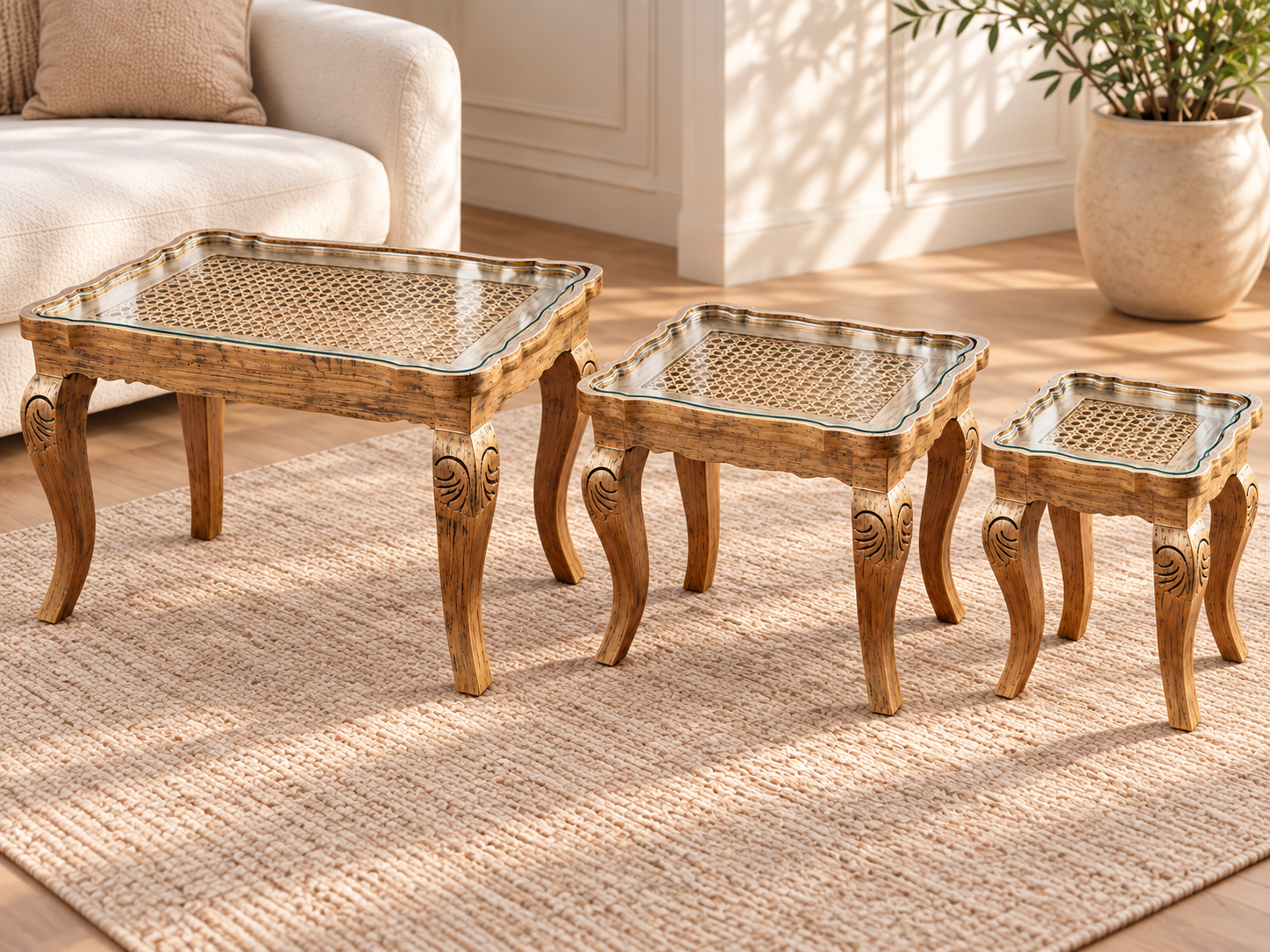 3-Piece Cane Nesting Tables – Vintage Wooden Side Table Set - Image 3