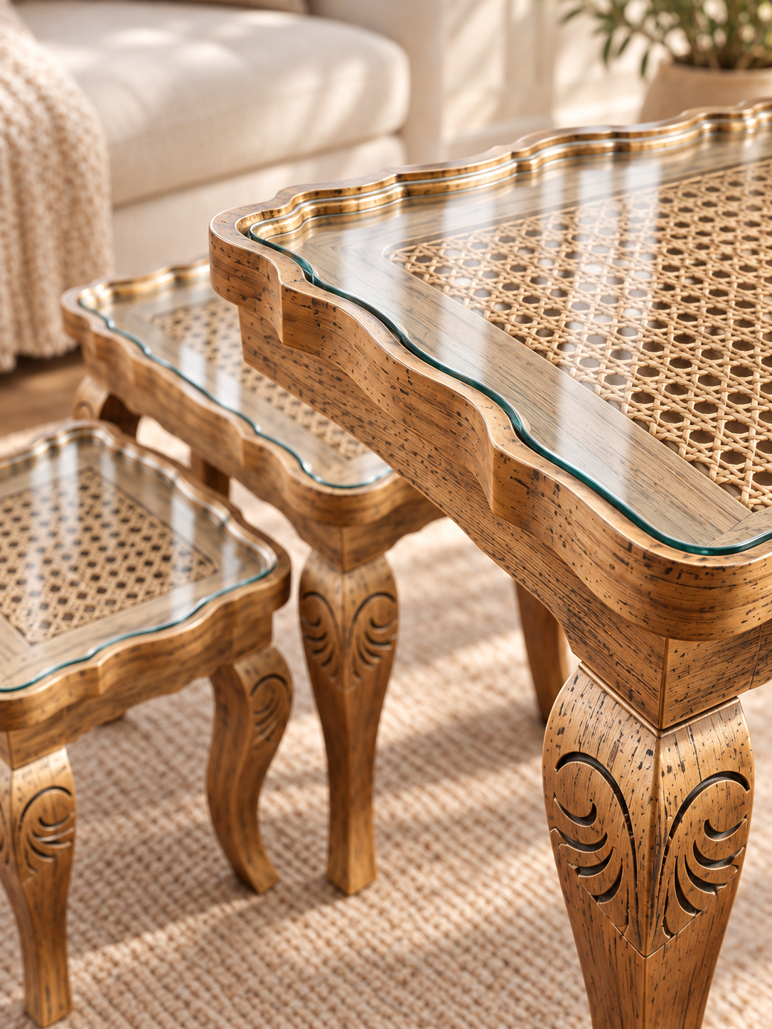 3-Piece Cane Nesting Tables – Vintage Wooden Side Table Set - Image 4