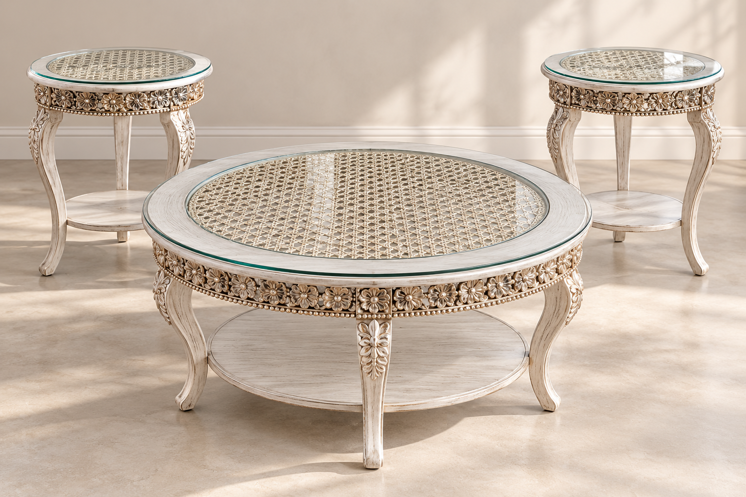 Royal Cane Coffee Table Set – 3-Piece Vintage Round Tables - Image 2