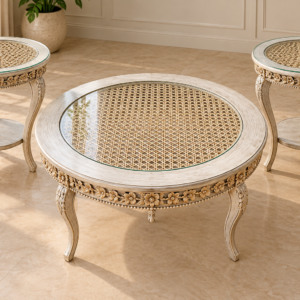 Royal Cane Coffee Table Set – 3-Piece Vintage Round Tables