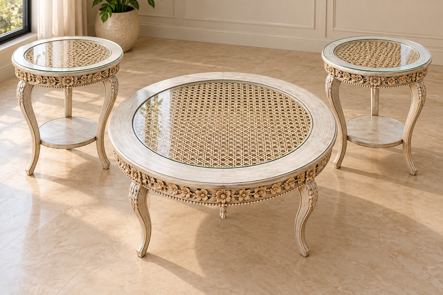 Royal Cane Coffee Table Set – 3-Piece Vintage Round Tables