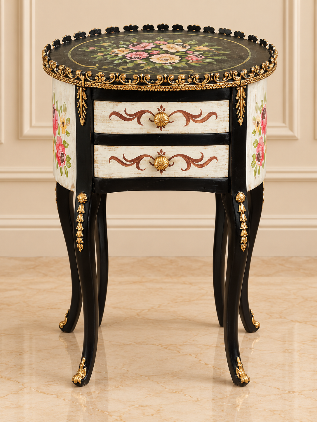 Vintage Hand-Painted Floral 2-Drawer Side Table - Image 3