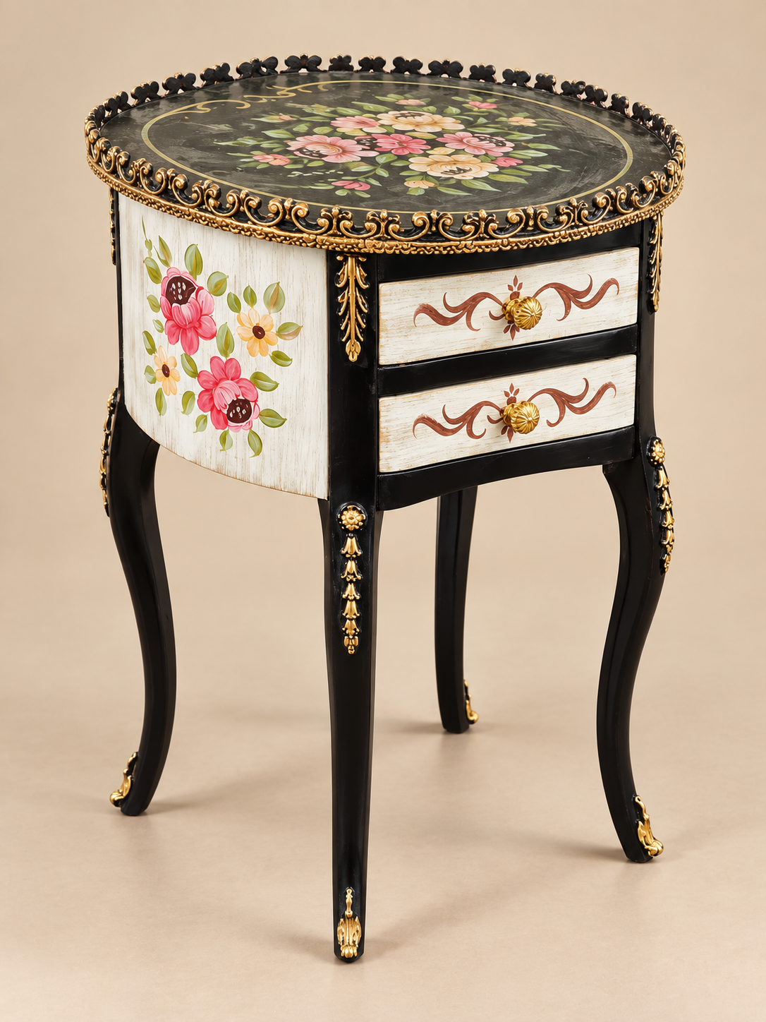 Vintage Hand-Painted Floral 2-Drawer Side Table - Image 2