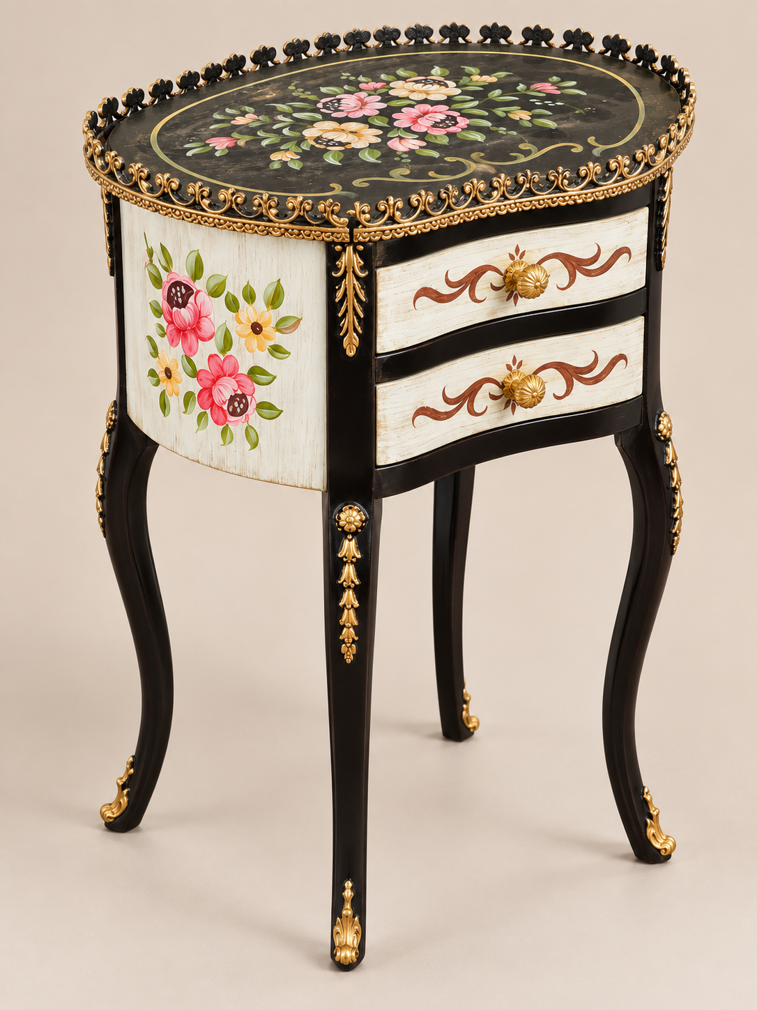 Vintage Hand-Painted Floral 2-Drawer Side Table - Image 4